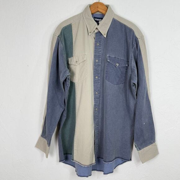 Vtg Wrangler Brushpopper Western Button Down Shirt Mens Large 16.5 Earthy